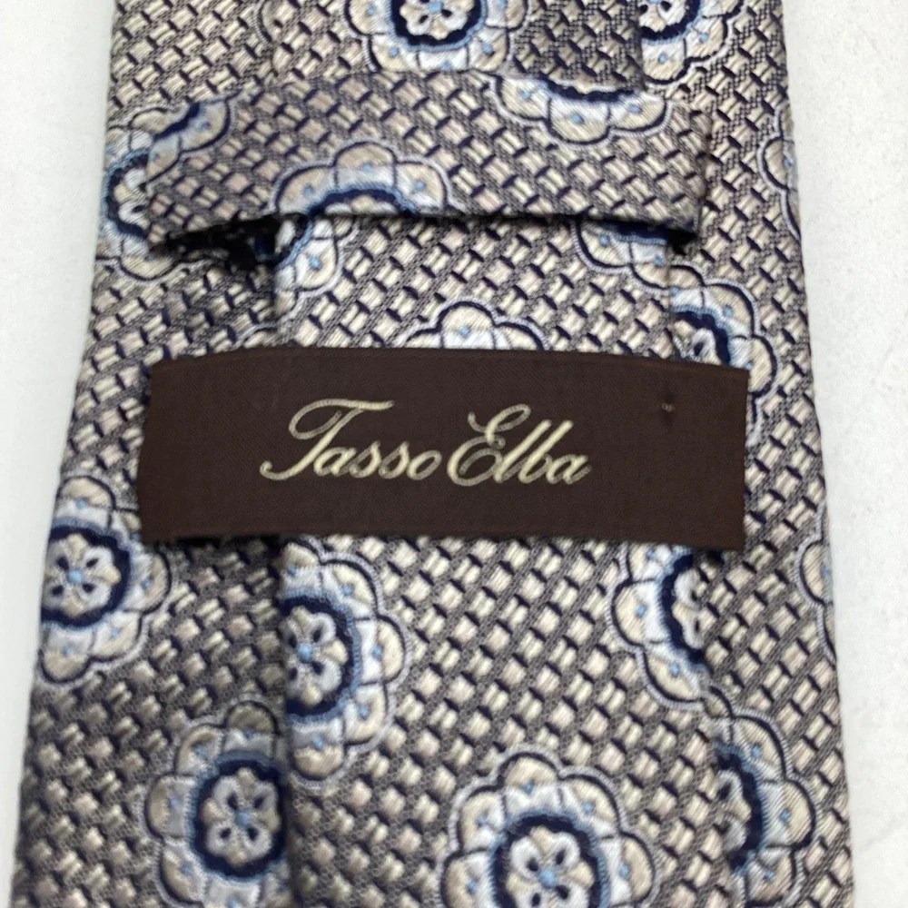 Tasso Elba Mens Silk Tie Brown Blue Geometric Floral Medallion‎ Classic Necktie